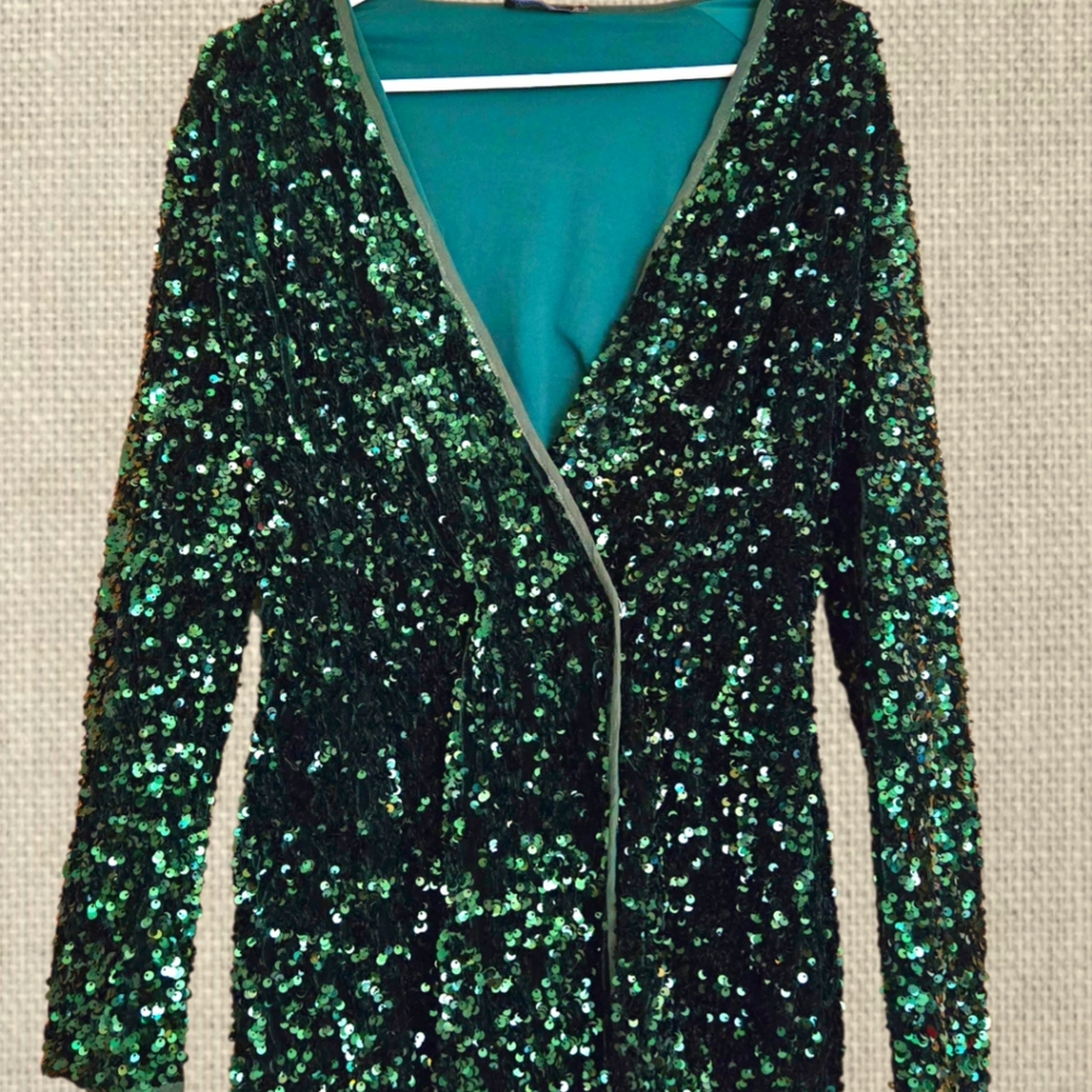 Deep Forest Green Sequined Jacket / Mini Wrap Dre… - image 4